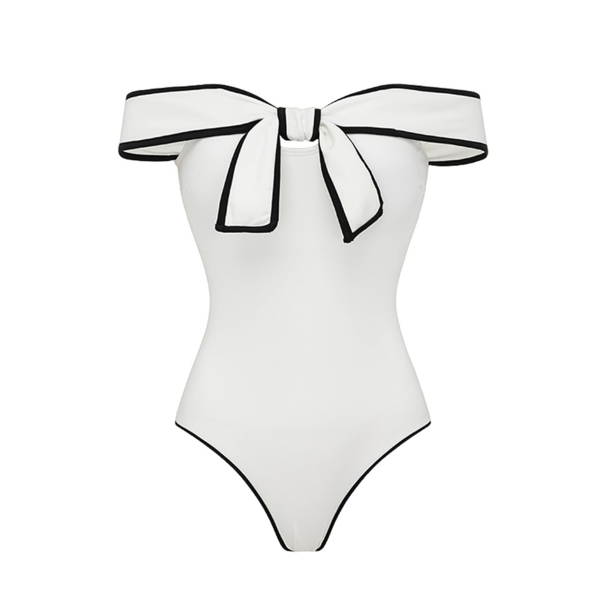 Black and white matching swimsuit for women with a sweet girl bow and white skirt, stylish and comfortable swimwear by Plush Fashion Hub.