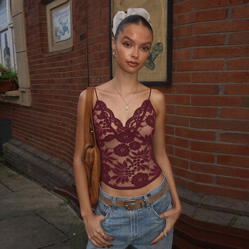 Women’s sexy see-through lace bandeau vest with spaghetti straps, slim fit deep V plunge design by Bella Mia.