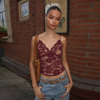 Women’s sexy see-through lace bandeau vest with spaghetti straps, slim fit deep V plunge design by Bella Mia.