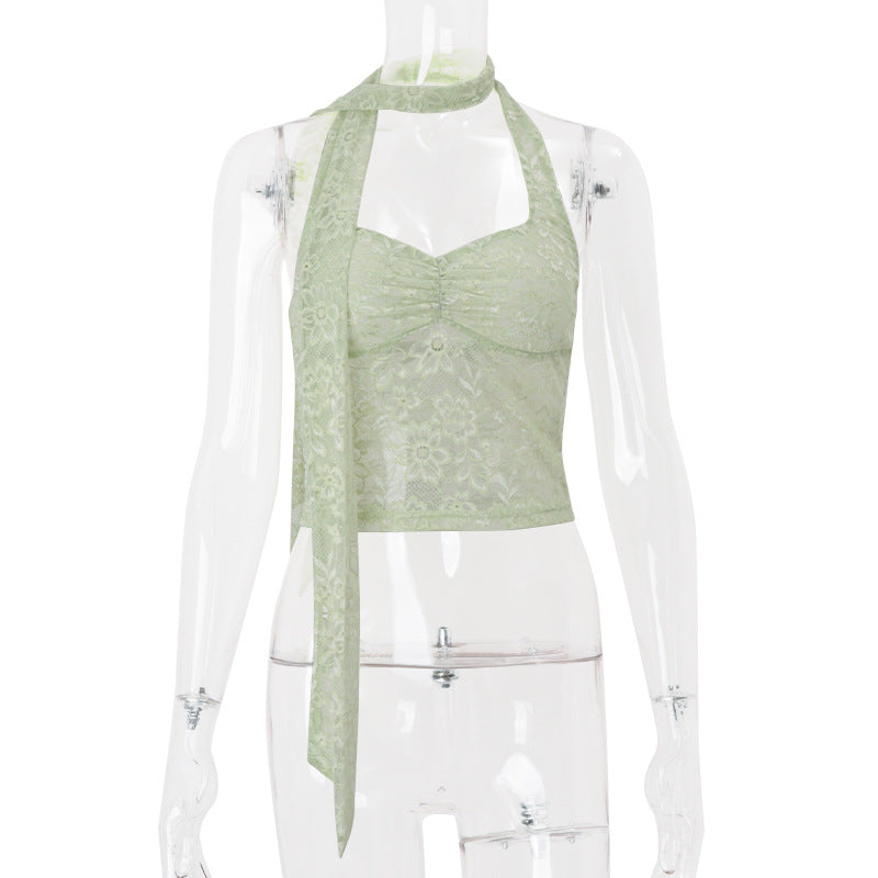 Women’s summer lace halterneck vest top by Bella Mia featuring see-through fabric and decorative ribbon details.
