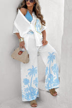 Women’s summer casual cotton linen short sleeve collared shirt and trousers two-piece set, stylish and comfortable for warm weather.