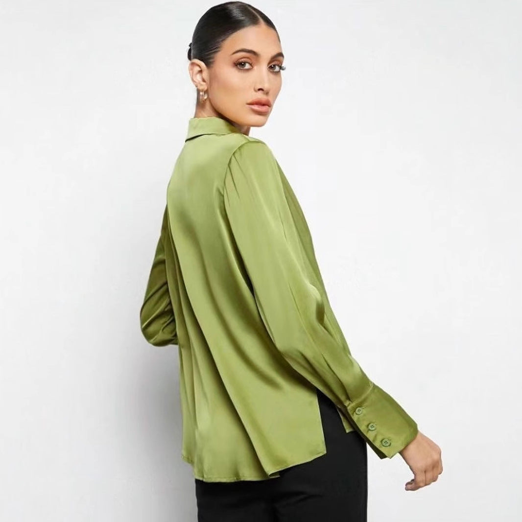 Satin Faux Silk Shirt Spring Summer Women Clothing Minimalist Long Sleeve Shirt Top Bella Mia