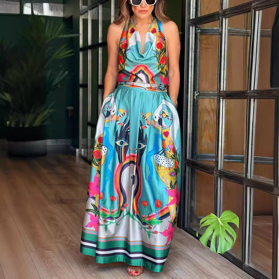 Sleeveless printed summer dress by Wanita Store with lace-up detail, casual loose fit, perfect for spring and vacation wear.