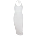 Women’s mid-length lace-up halter dress by Wanita Store featuring low cut V neck, hollow out cutouts, and backless design.