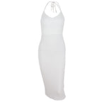 Women’s mid-length lace-up halter dress by Wanita Store featuring low cut V neck, hollow out cutouts, and backless design.
