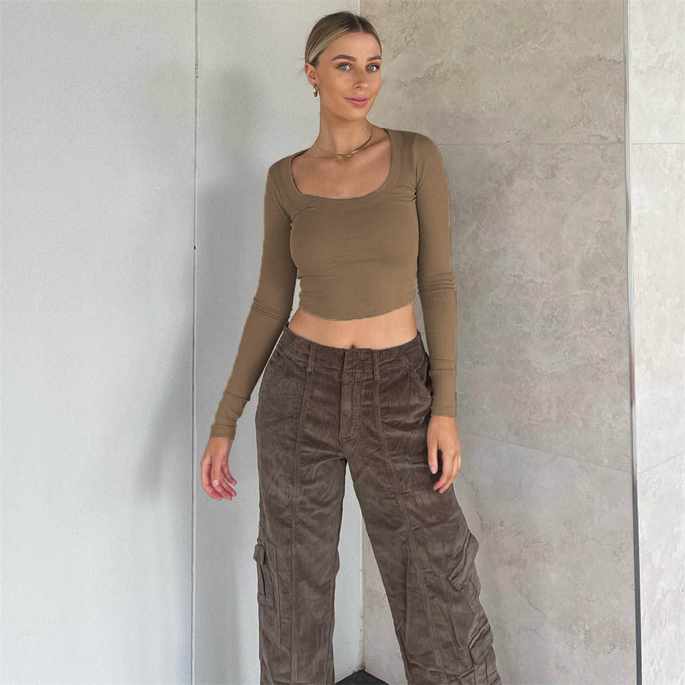Long sleeve ribbed knit short top for women, casual autumn winter streetwear, slim fit, stylish round neck from Wanita Store