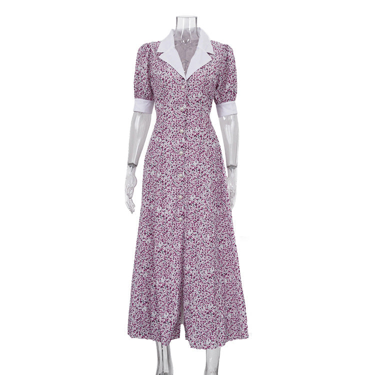 Elegant floral summer dress for women with polo collar, short sleeves, high waist, and A-line print from Plush Fashion Hub