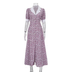 Elegant floral summer dress for women with polo collar, short sleeves, high waist, and A-line print from Plush Fashion Hub