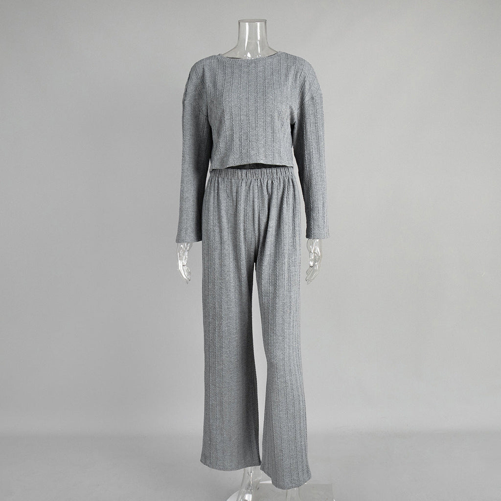 Gray long sleeve pajama set for women with wheat jacquard pattern, cozy winter home wear by Plush Fashion Hub