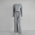 Gray long sleeve pajama set for women with wheat jacquard pattern, cozy winter home wear by Plush Fashion Hub