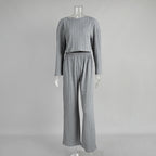 Gray long sleeve pajama set for women with wheat jacquard pattern, cozy winter home wear by Plush Fashion Hub