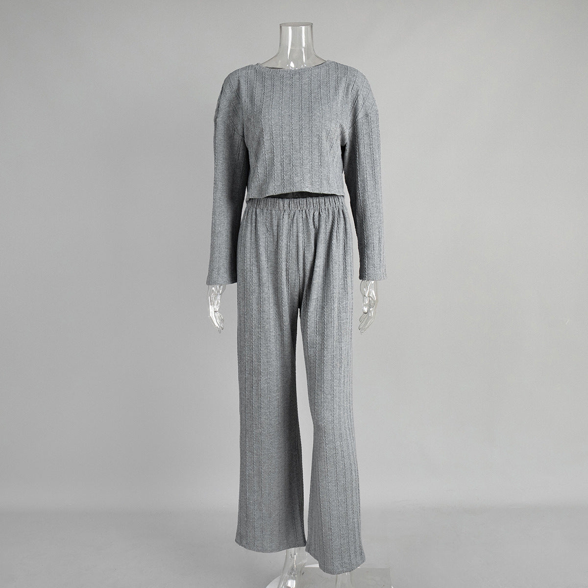 Gray long sleeve pajama set for women with wheat jacquard pattern, cozy winter home wear by Plush Fashion Hub