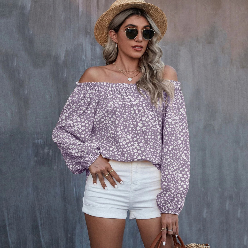 Bella Mia women's autumn winter off-shoulder printed long sleeve loose top, casual sexy T-shirt with a relaxed fit.