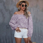 Bella Mia women's autumn winter off-shoulder printed long sleeve loose top, casual sexy T-shirt with a relaxed fit.