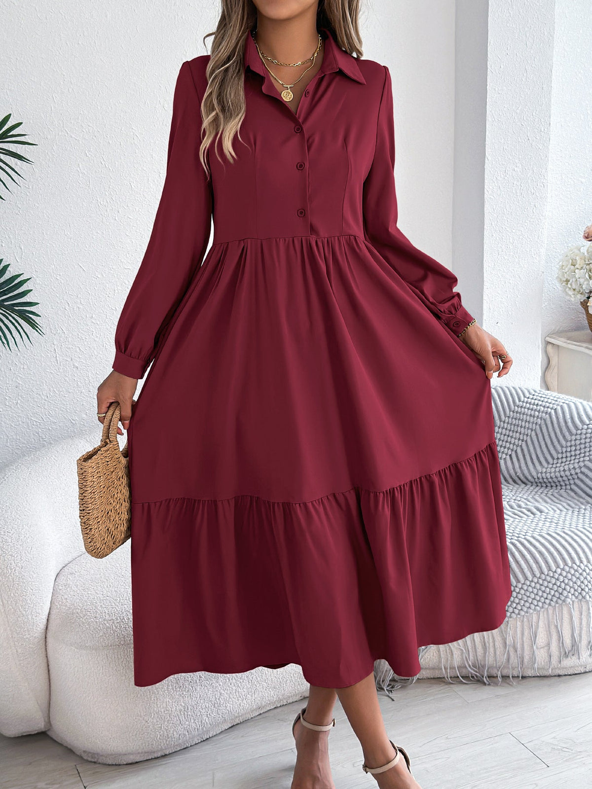 Loose long sleeve ruffled shirt dress for women with a collared neckline, perfect for autumn and winter casual wear by Plush Fashion Hub.