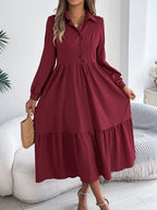 Casual women’s long sleeve ruffled shirt dress with collar, loose fit, suitable for autumn and winter wear by Wanita Store.