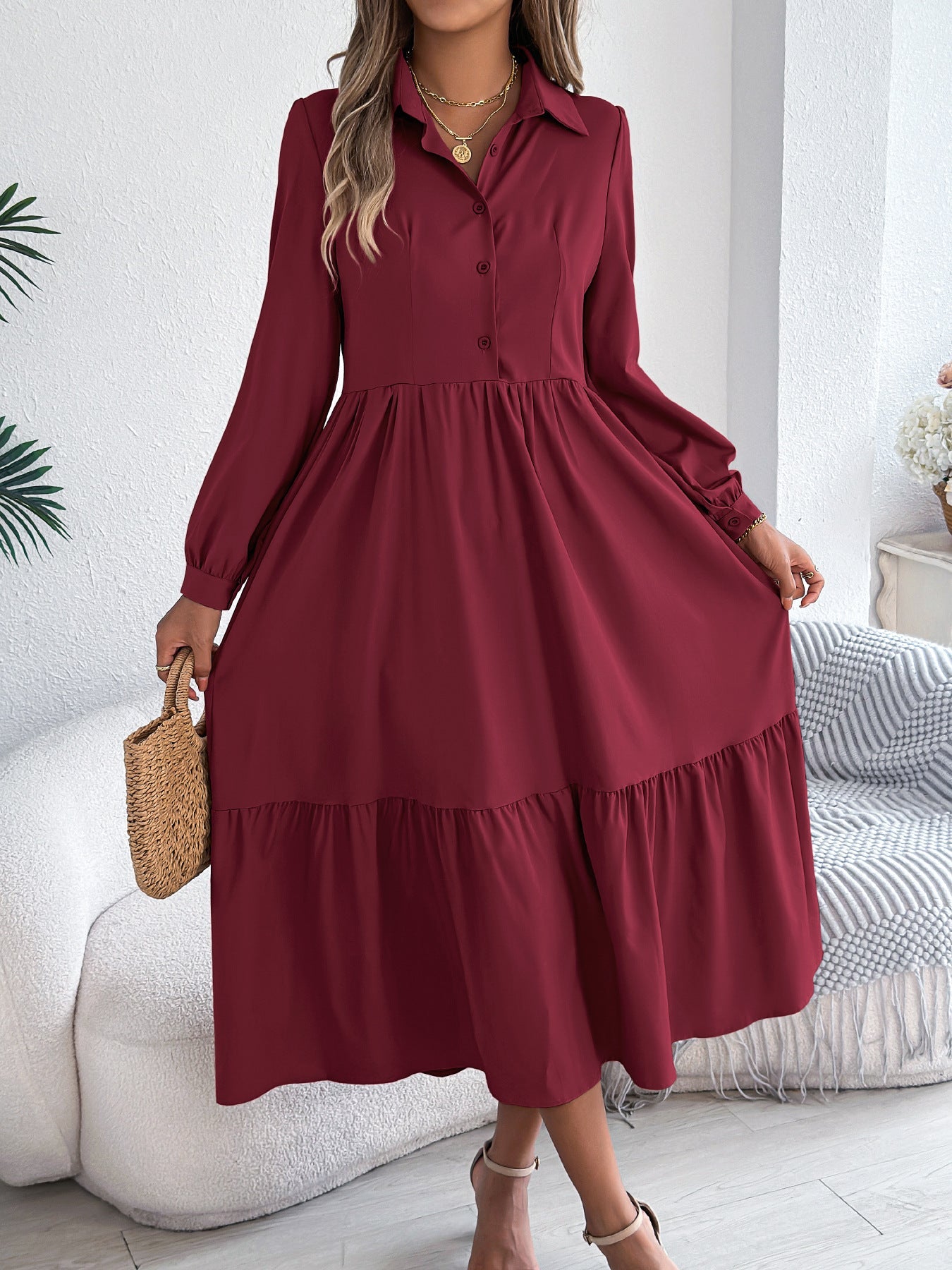 Casual long sleeve ruffled shirt dress with collar, loose fit, suitable for autumn winter, by Plush Fashion Hub.