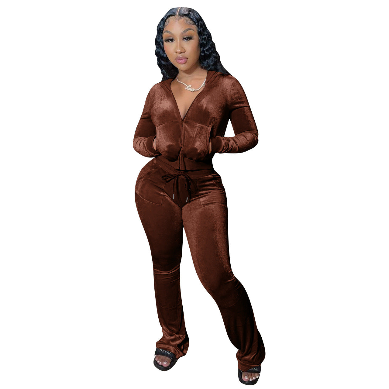 Gold velvet casual hat and wide-leg pants two-piece set for women, featuring solid color and stylish, comfortable bottoms.
