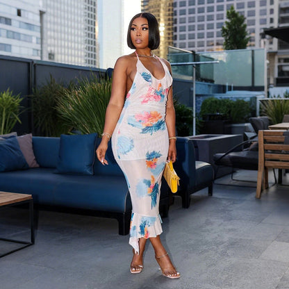 Sexy Backless Lace Printing Dress Sheath Sexy Maxi Dress Irregular Asymmetric Lotus Floral Swing Bella Mia