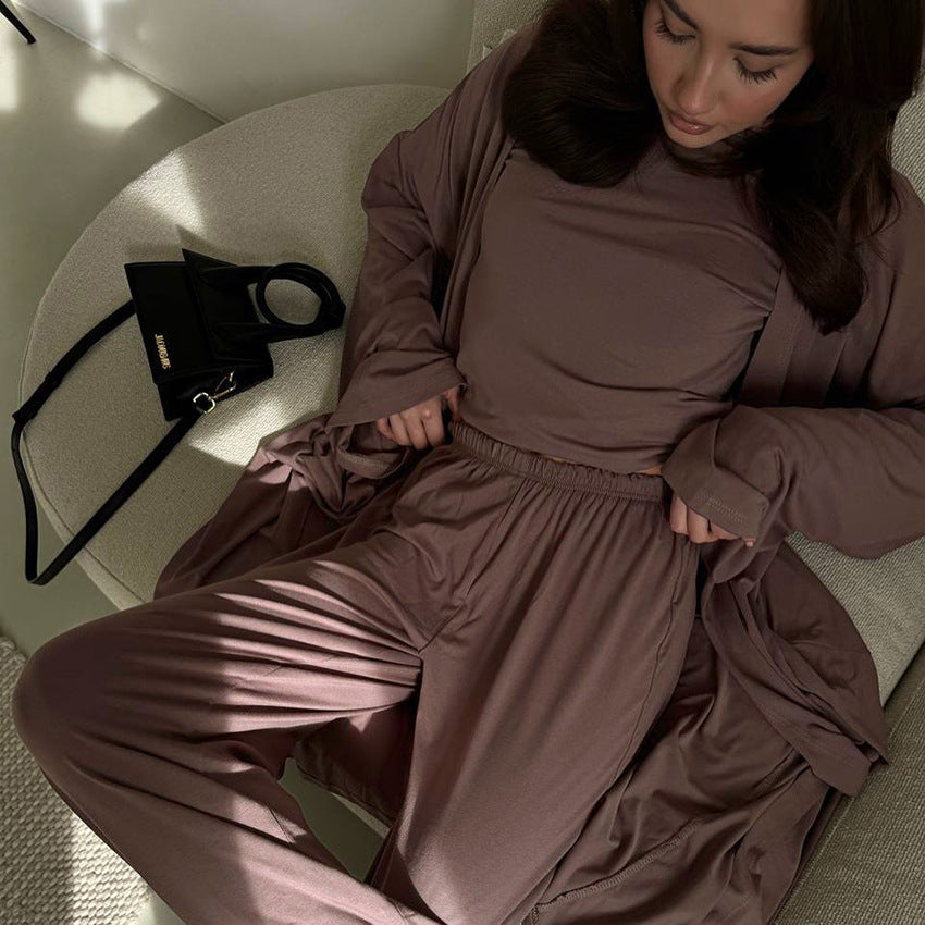 Bella Mia summer three-piece pajamas set with knitted solid color top and loose trousers, perfect for comfortable home wear.