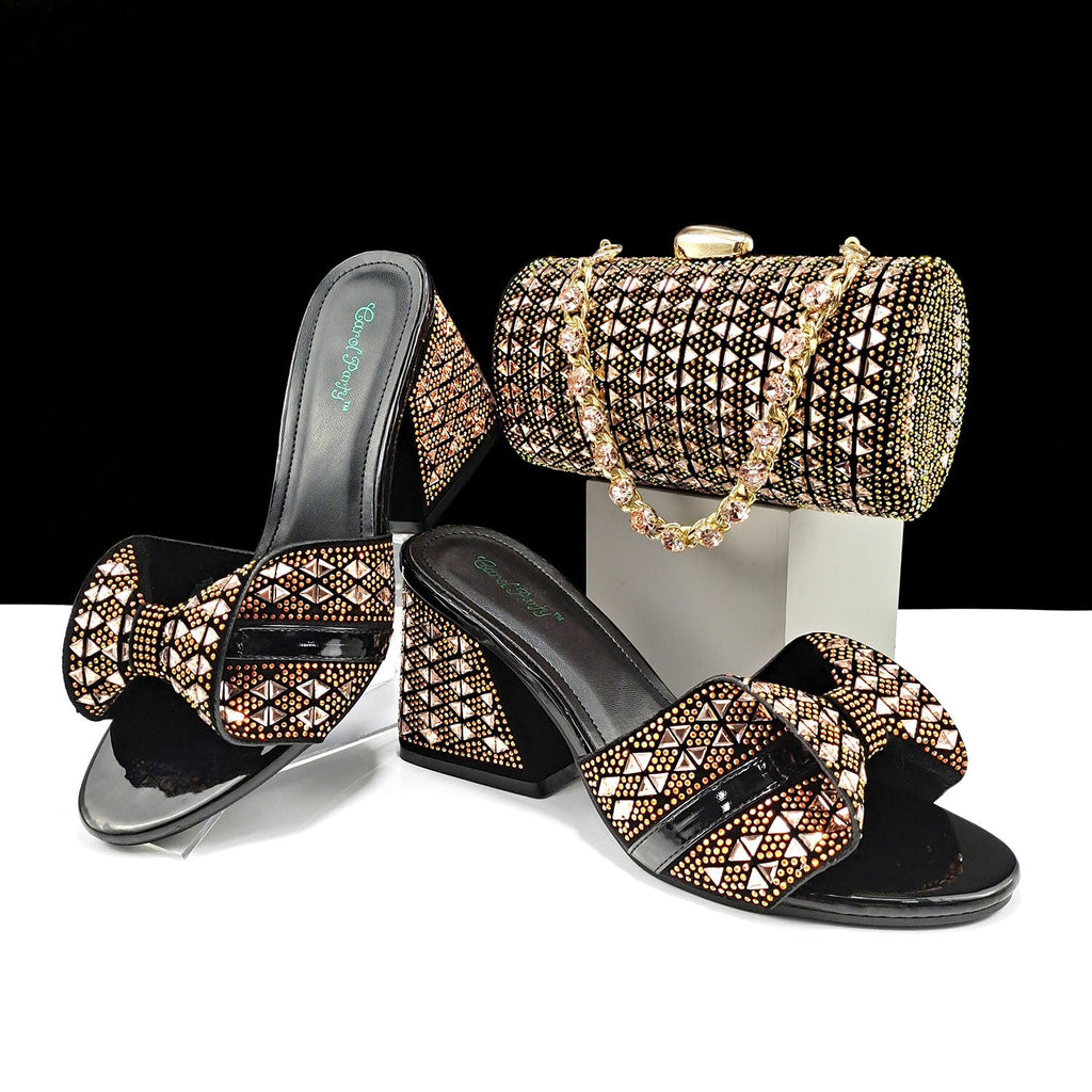 Women’s high heel slippers and matching cylindrical bag with rhinestone embellishments, summer casual shoes and accessories.