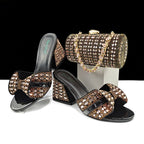 Women’s high heel slippers and matching cylindrical bag with rhinestone embellishments, summer casual shoes and accessories.