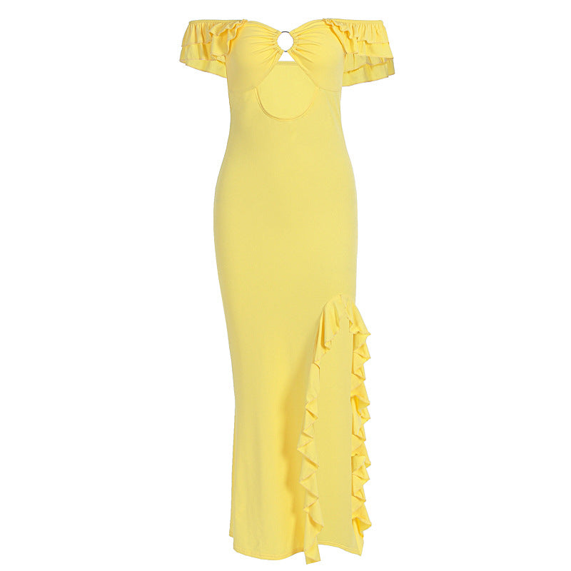 Summer women’s off shoulder slim fit tube dress with cutout hollow out design and slit, by Wanita Store.