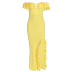 Summer women’s off shoulder slim fit tube dress with cutout hollow out design and slit, by Wanita Store.