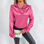 Women’s summer satin shirt by Bella Mia, stylish artificial silk top with a smooth, shiny finish, perfect for warm weather.