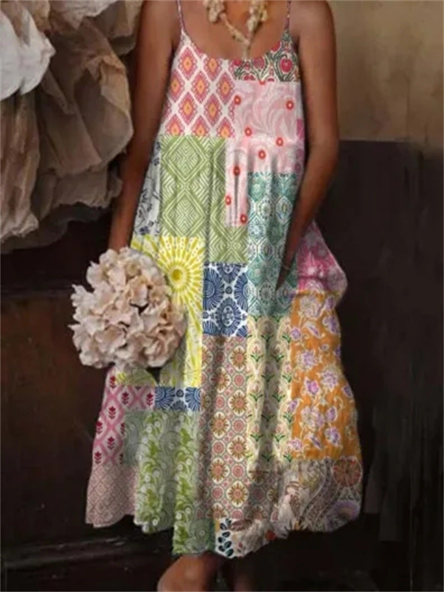 European and American style floral art print sling casual dress by Plush Fashion Hub, featuring a vibrant floral pattern and lightweight fabric.