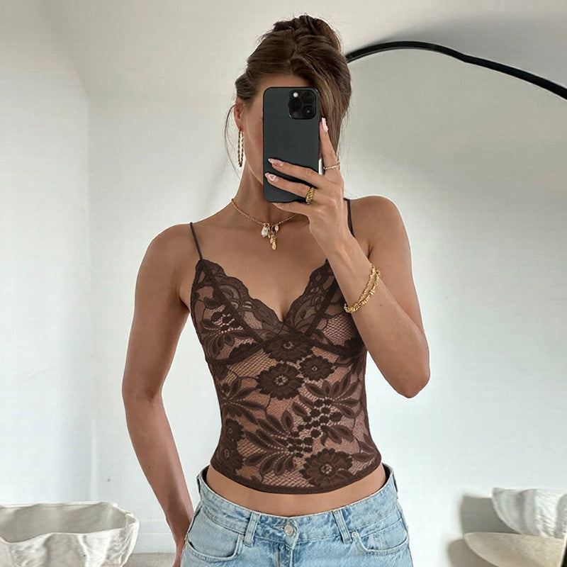 Women Clothing Sexy See through Lace Lace Spaghetti Strap Bandeau Slim Fit Deep V Plunge Vest Bella Mia