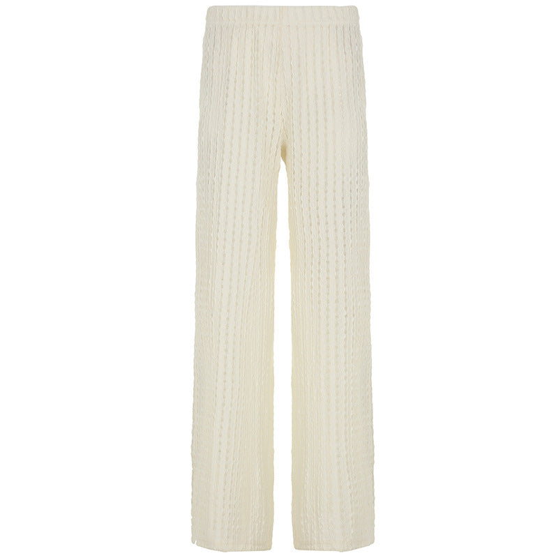 Plush Fashion Hub casual high waist slim-fitting straight-leg trousers with textured hollow-out cutouts in solid color.