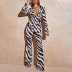 Women’s fall deep V plunge suit by Wanita Store featuring a sexy printed shirt and wide-leg pants, casual two-piece outfit.