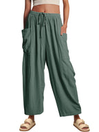 Women’s high waist wide-leg cotton linen trousers with elastic waistband, pleated design, casual loose fit, by Wanita Store