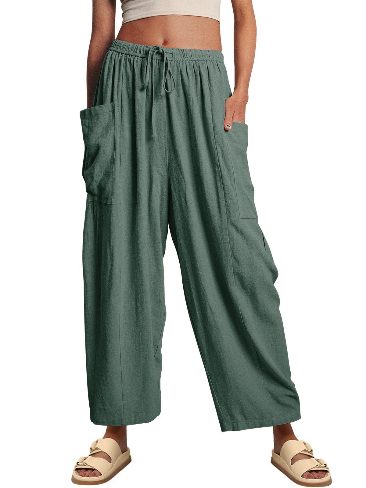 Women’s high waist wide-leg cotton linen trousers with elastic waistband, pleated design, casual loose fit, by Wanita Store