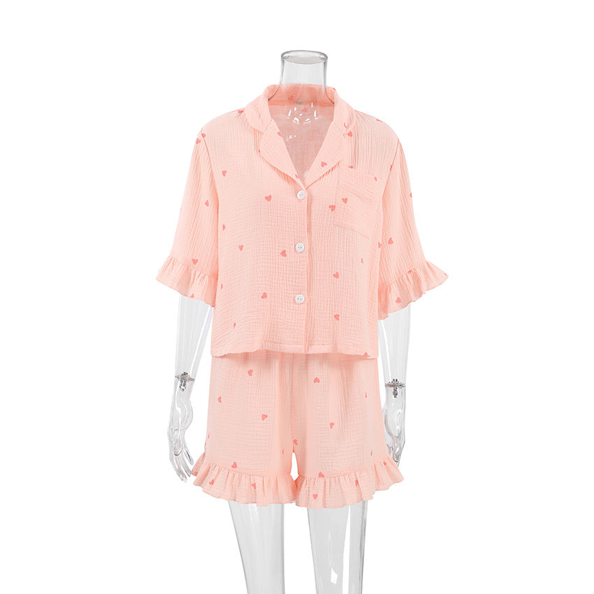 Bella Mia women's summer pajamas set with heart print, crepe cotton, short sleeves, and shorts for comfortable home wear.