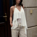 Light beige V-neck halter sleeveless chiffon vest for women, casual summer fashion, elegant and versatile all-match shirt.