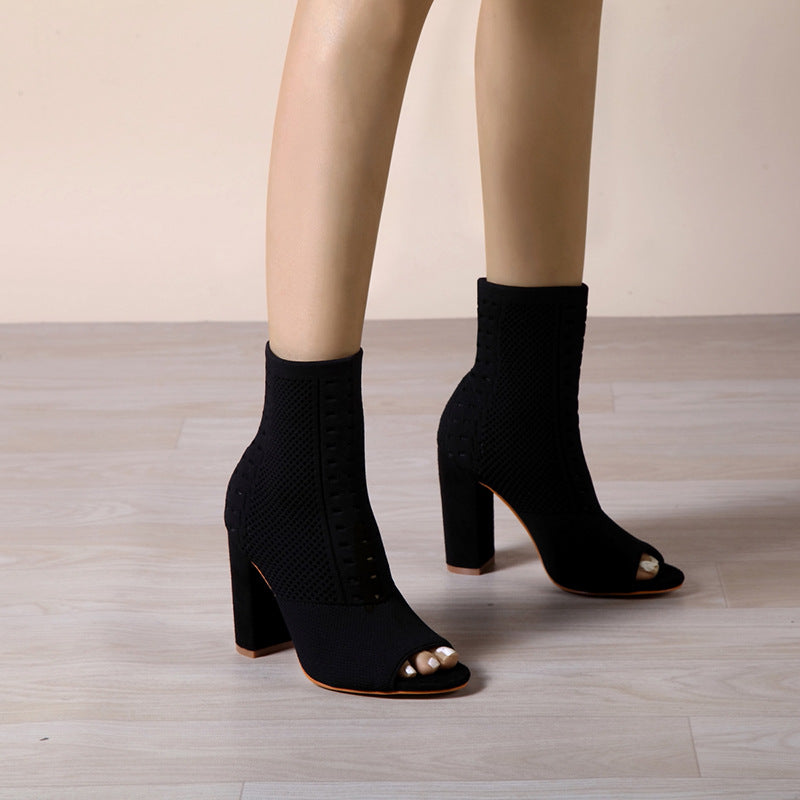 Bella Mia women's street style knitted peep toe high heel sandals with chunky heels and round head design, perfect for fashionable outings.