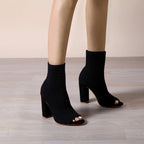 Bella Mia women's knitted peep toe high heel sandals with chunky heels and round head design, perfect for street style outfits.