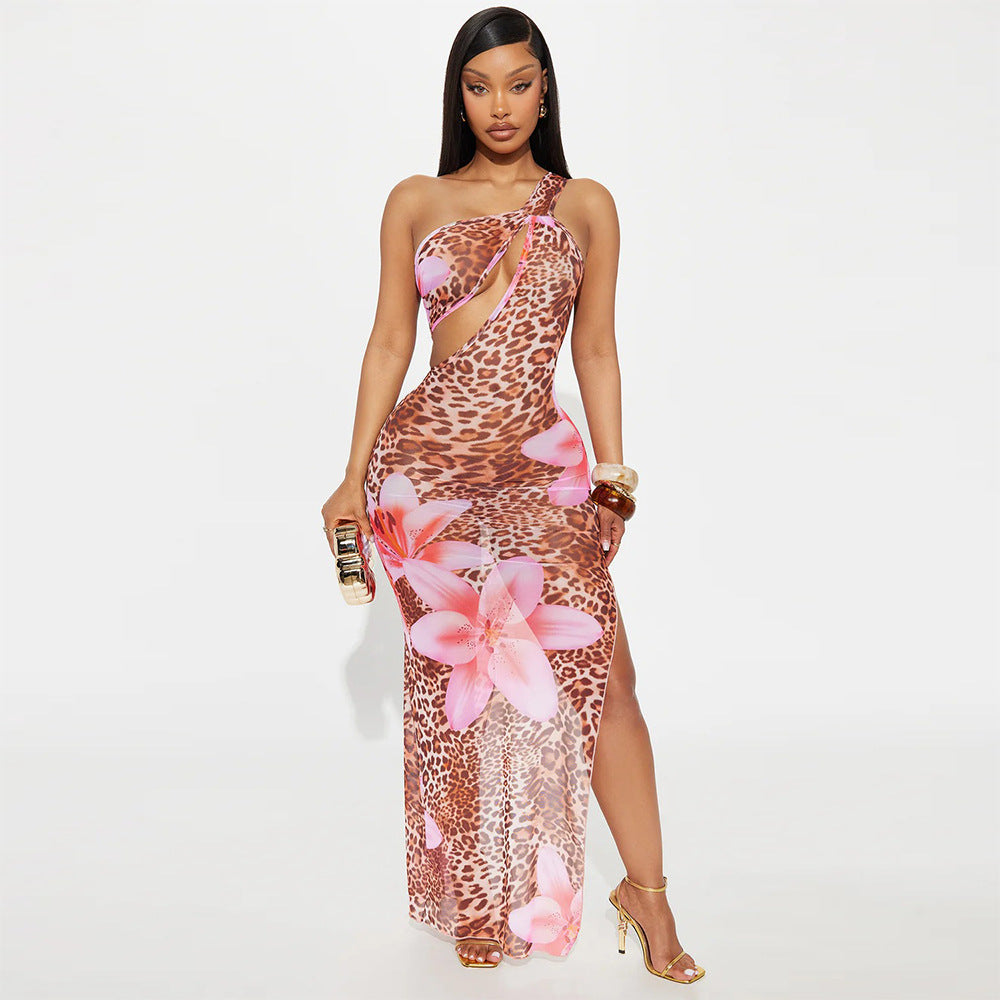 Women Clothing Diagonal Collar Hollow Out Cutout out See through Mesh Floral Print Dress Bella Mia