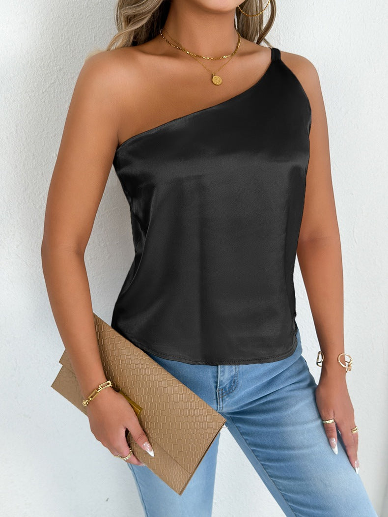 Women’s summer satin vest camisole by Bella Mia, featuring a sleek satin top with a sleeveless design and smooth fabric.