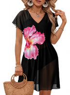 Casual women’s sleeveless V-neck mesh dress with cinched waist, short sleeves, by Plush Fashion Hub.
