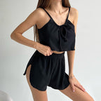 Bella Mia spring cool suspender shorts pajamas set for ladies, featuring breathable knitted fabric and comfortable two-piece homewear.
