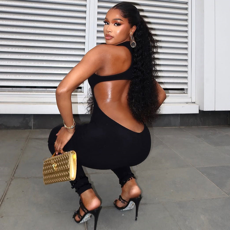 Wanita Store women's casual sports jumpsuit with hollow out cutout, backless, low waist, long fit, solid color, tight fit.
