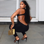 Wanita Store women's casual sports jumpsuit with hollow out cutout, backless, low waist, long fit, solid color, tight fit.