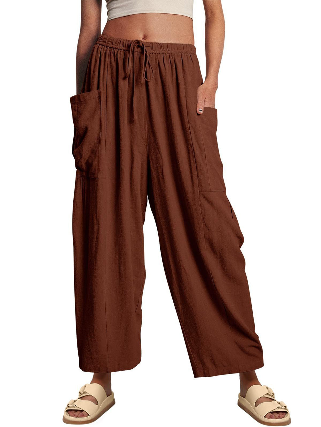 Women’s high waist wide-leg cotton linen trousers with elastic waist and pleated design, casual and loose fit.