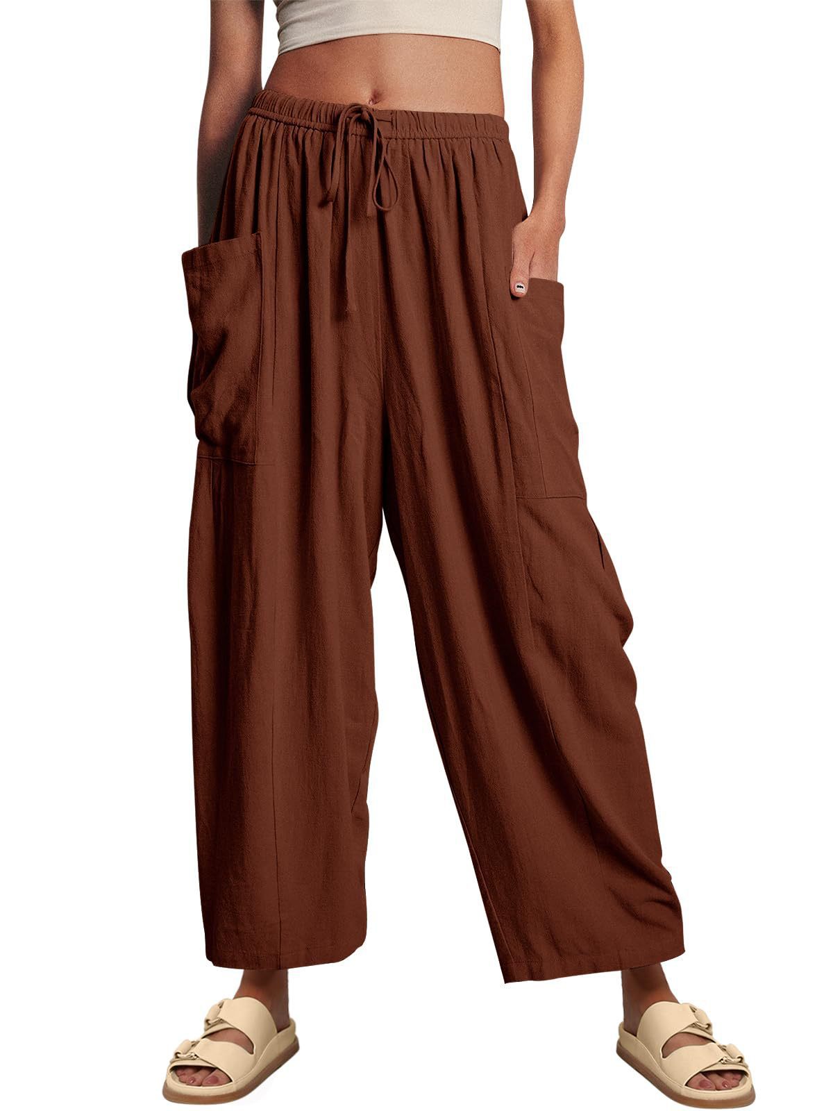 Women’s high waist wide-leg cotton linen trousers with elastic waist and pleated design, casual and loose fit.