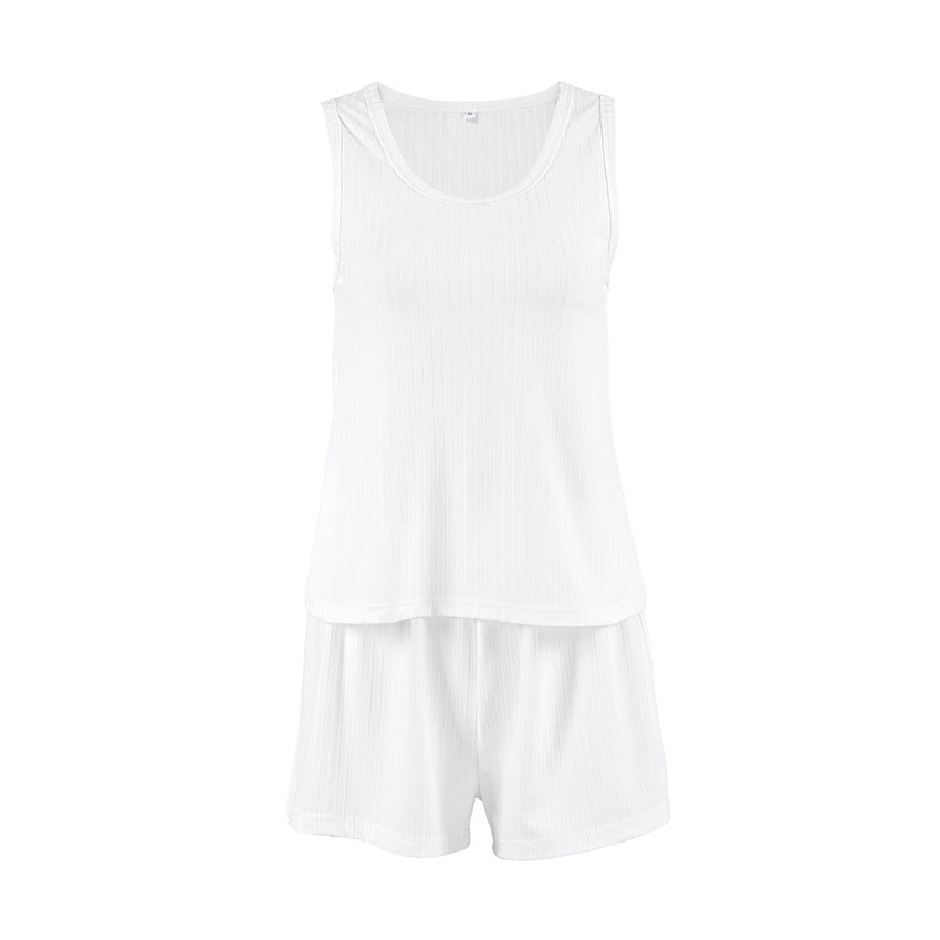 Spring knitted sunken stripe ladies' homewear vest and shorts set by Bella Mia, soft and casual pajamas for comfortable lounging.