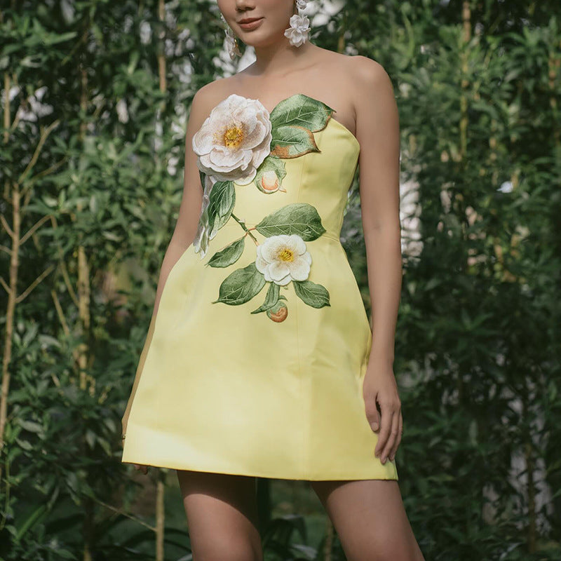 Summer Embroidery Three Dimensional Floral Sleeveless Tube Top Slimming Dress Women Bella Mia