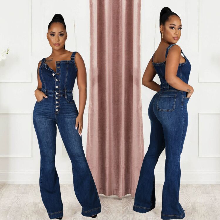 Casual women's denim jumpsuit with wide-leg pants, sexy strap design, and platform style from Plush Fashion Hub.